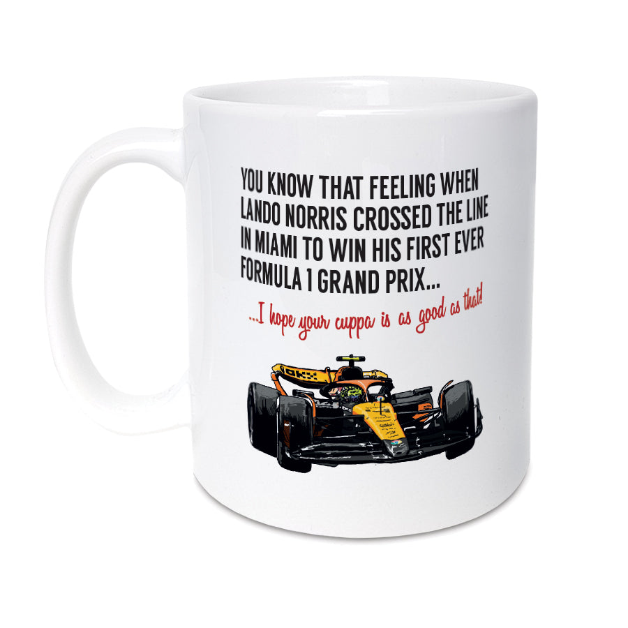 White ceramic mug with a hand-drawn illustration of Lando Norris's McLaren F1 car and the quote about his first Grand Prix win in Miami. designed by local lingo