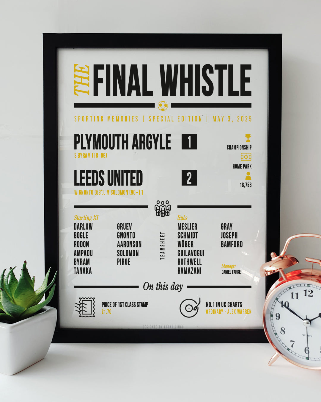 Framed Local Lingo print of Plymouth Argyle vs Leeds United on 3 May 2025 showing 2–1 scoreline, full team sheet, goal scorers Gnonto and Solomon, and match details.
