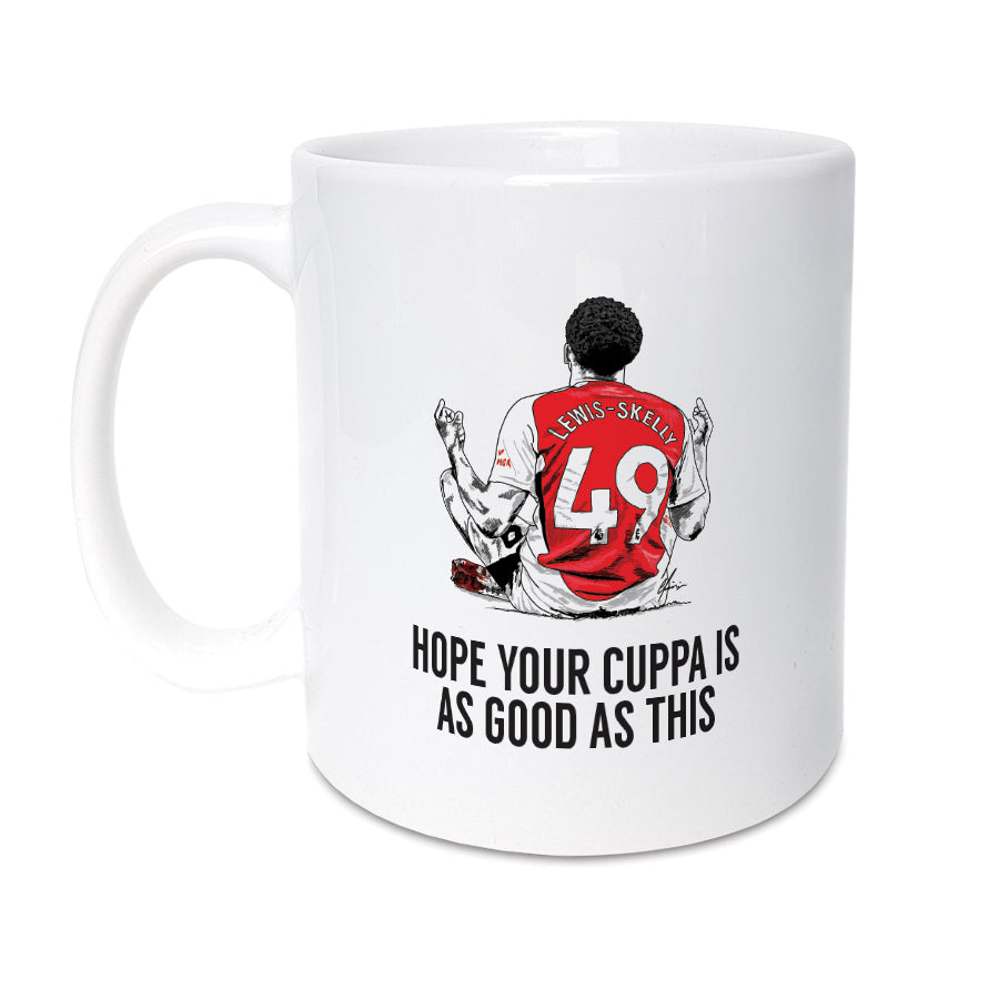 Lewis-Skelly Arsenal mug featuring a hand-drawn illustration of the footballer in an iconic celebration pose, with the phrase Hope Your Cuppa Is As Good As This, designed by Local Lingo.
