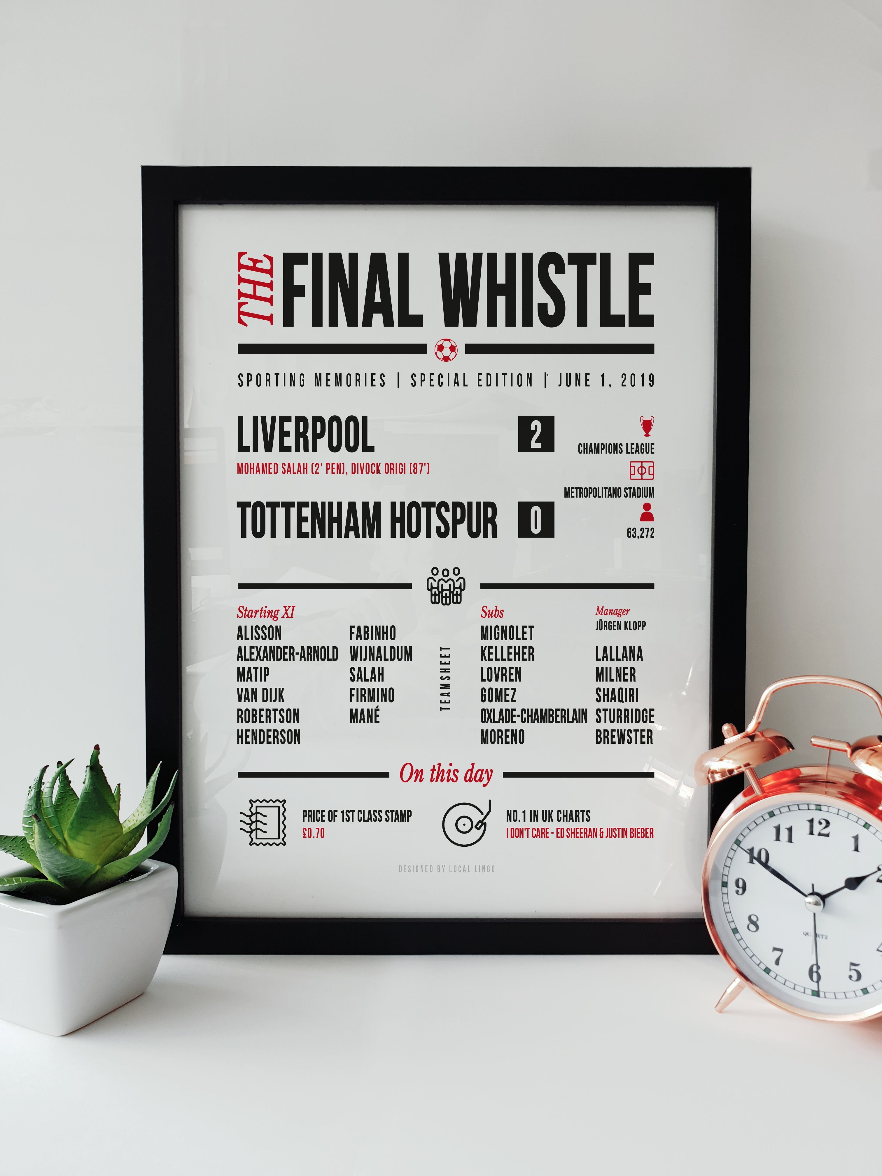 Liverpool Champions League Final 2019 The Final Whistle Keepsake Print by Local Lingo, featuring detailed match information in black and red text on a white background in a black frame.