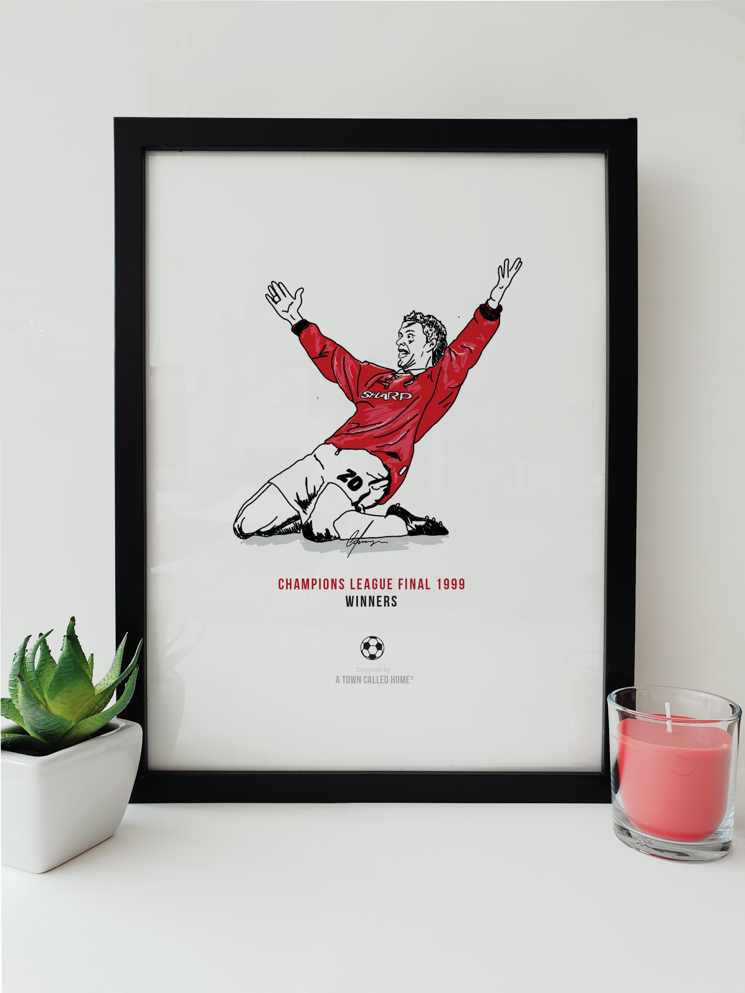 A unique Manchester United themed a3 or a4 print which features a hand drawn illustration of Ole Gunnar Solksjaer celebrating after scoring to win the Champions League title in 1999.   Print reads: Champions League Final 1999 - Manchester United.