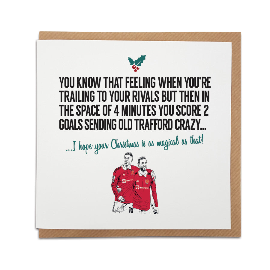 Local Lingo's Manchester United Christmas card featuring Marcus Rashford and Bruno Fernandes celebrating a goal, with festive text wishing magical holiday cheer, set against Old Trafford's iconic backdrop.