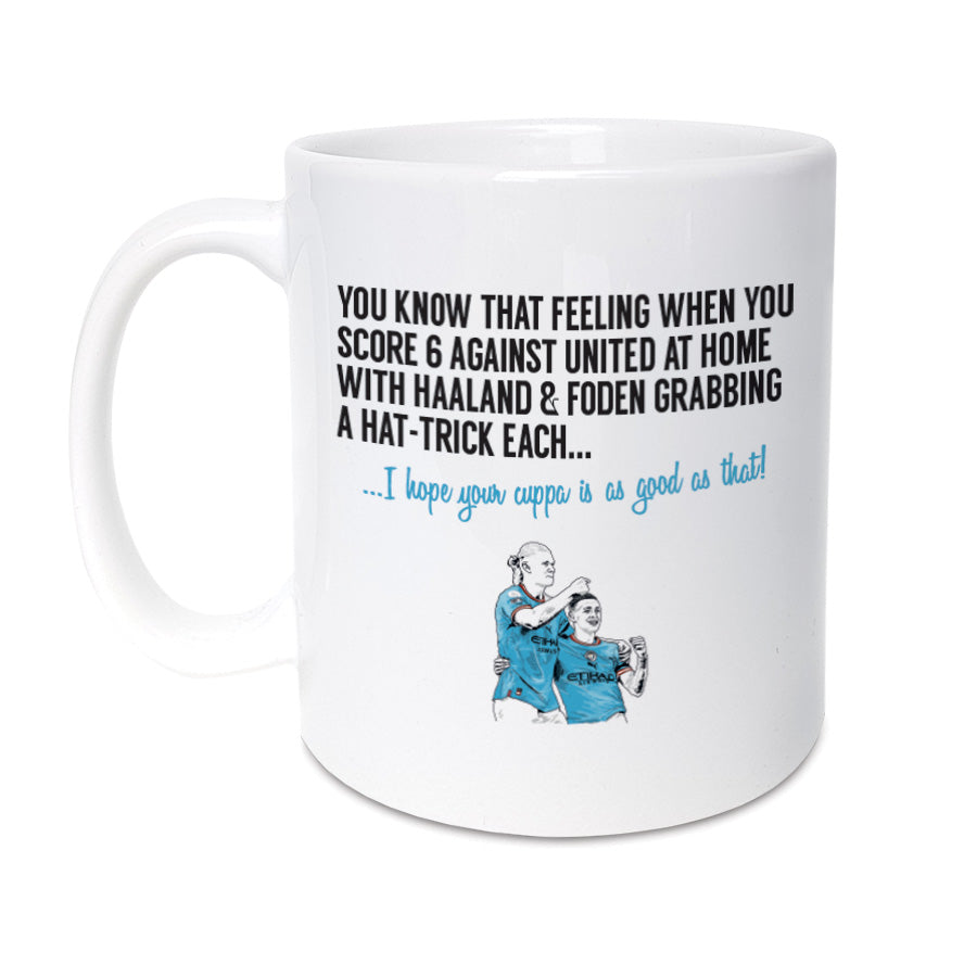 Mug celebrating Manchester city win against United. Foden and Haaland hat-tricks. 