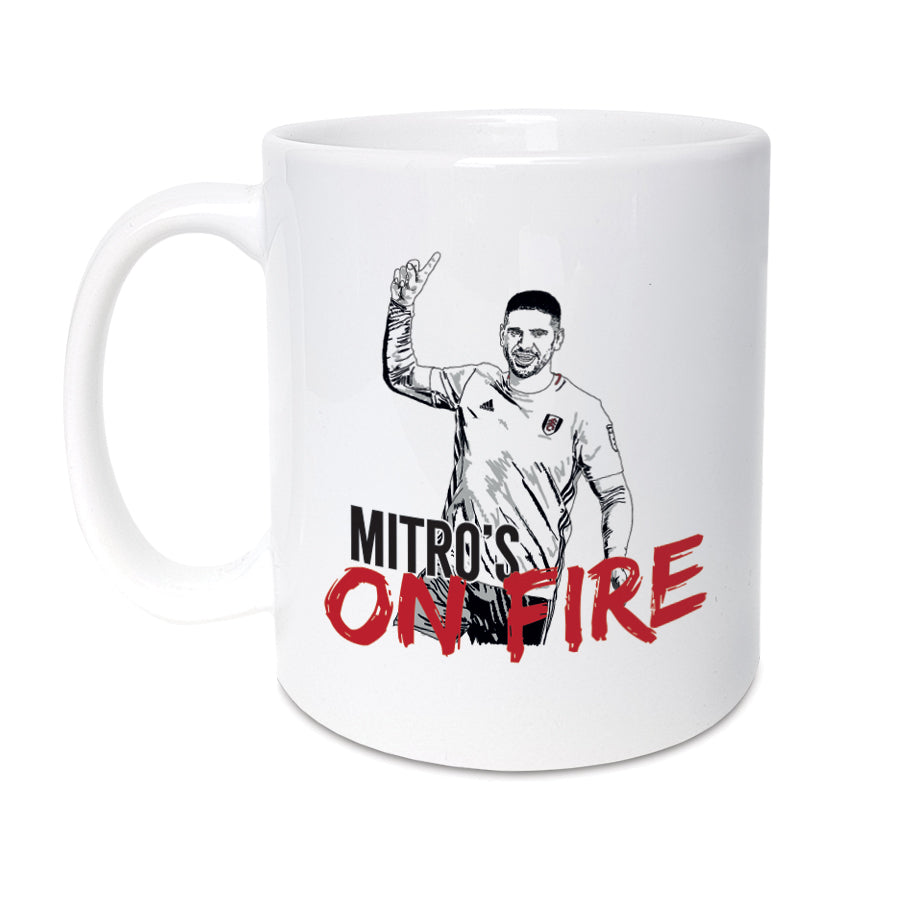 mitro's on fire Aleksandar Mitrović fulham football club fans supporter chant song your defence terrified hand crafted on a mug designed by a town called home. Fulham football merchandise and gifts