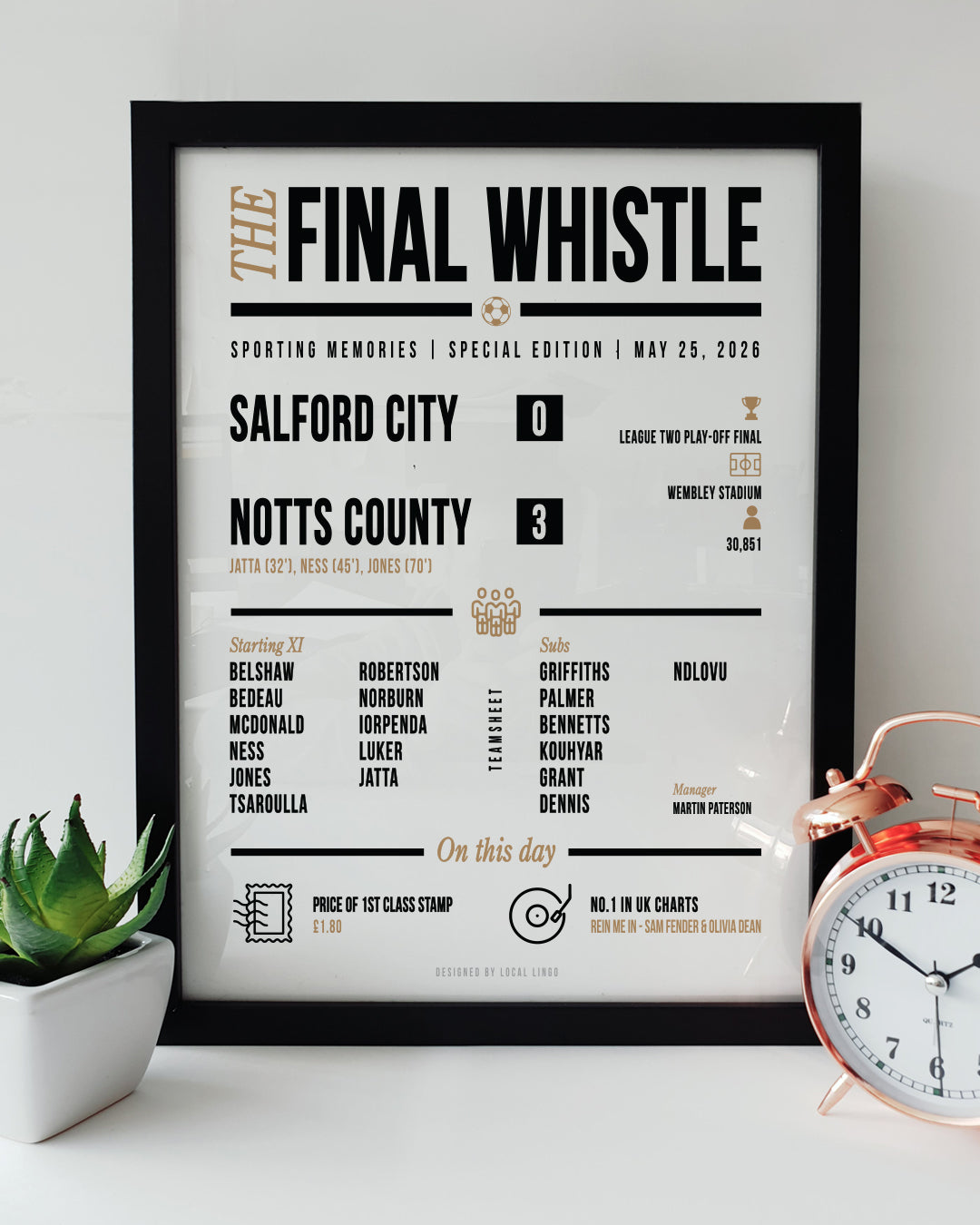 A framed 'Final Whistle' football keepsake print celebrating the 2026 League Two Play Off Final 3 to 0 victory for Notts County over Salford City at Wembley Stadium. The print features the match stats, starting lineup, and "On this day" trivia in black text with gold accents. It is displayed on a white surface next to a small green potted plant and a classic copper alarm clock. Modern football memorabilia designed by Local Lingo.