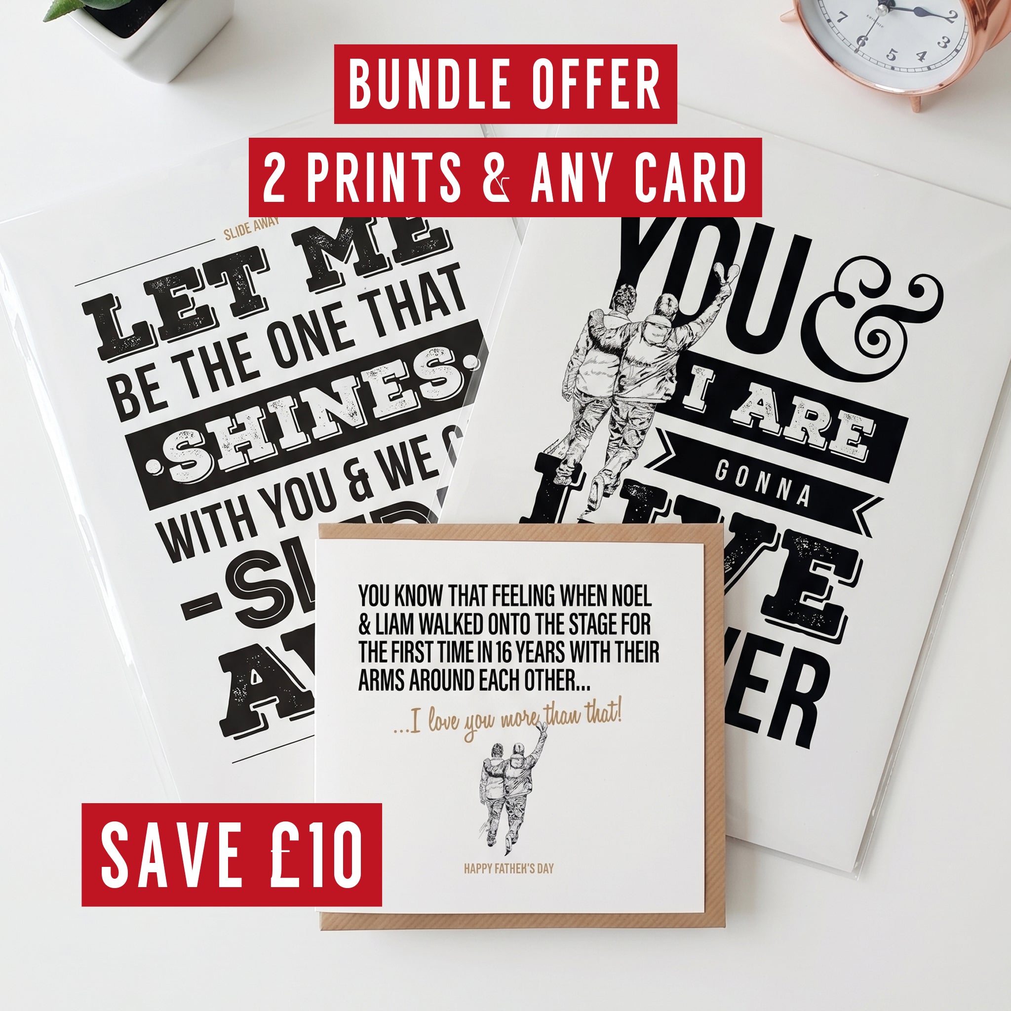 Oasis music band fan father's day gift set card and print offer. 2 prints and a card for dad laid out on a table. Designed by local lingo
