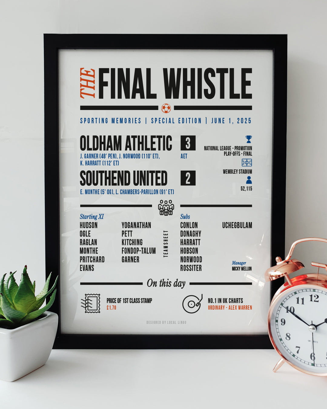 Framed print showing Oldham Athletic 3–2 Southend United National League Play-Off Final 2025 match report and team sheet, designed by Local Lingo.