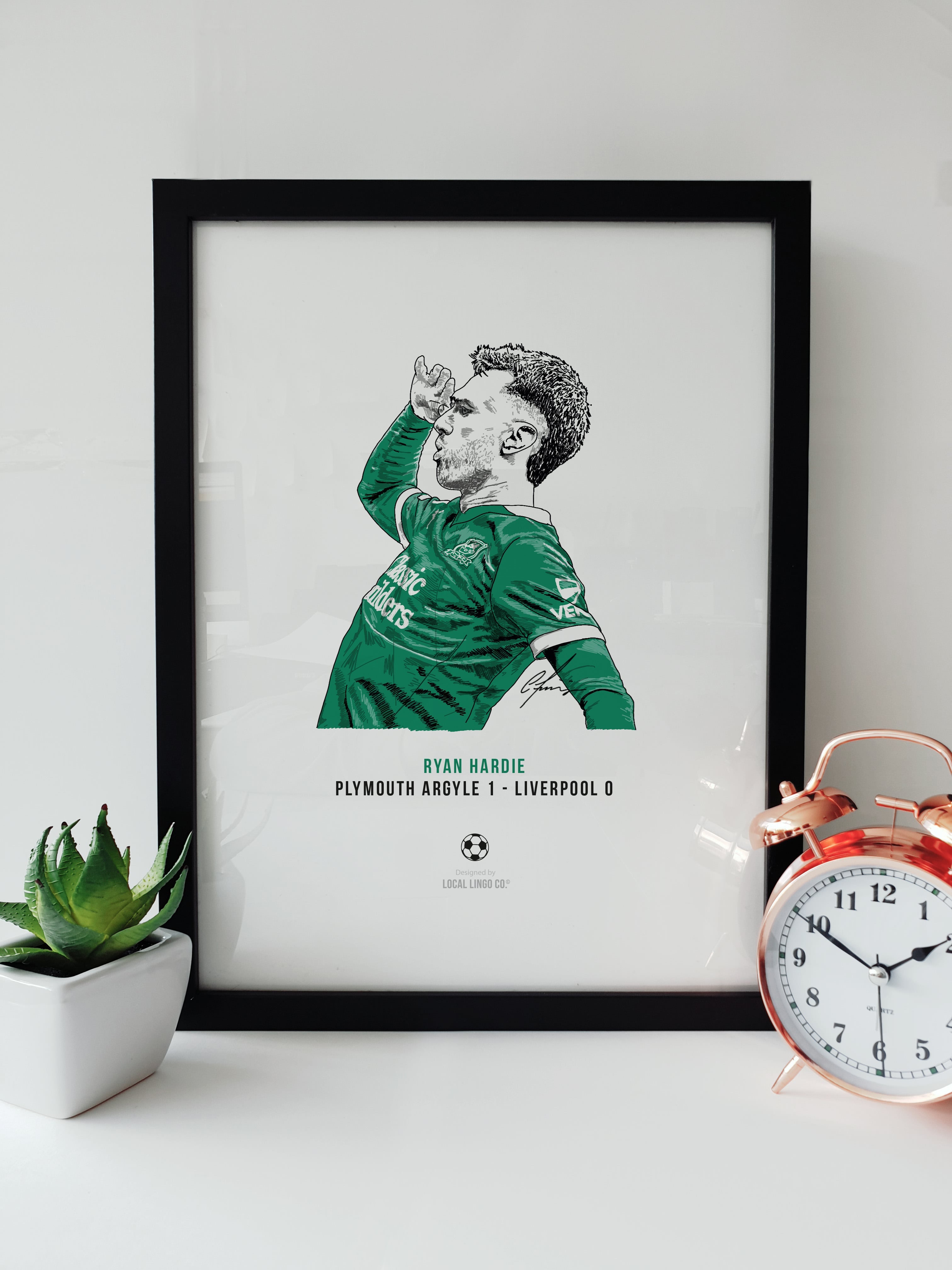 Hand-drawn illustration of Ryan Hardie celebrating his goal for Plymouth Argyle in their 1-0 FA Cup victory against Liverpool, designed by Local Lingo.