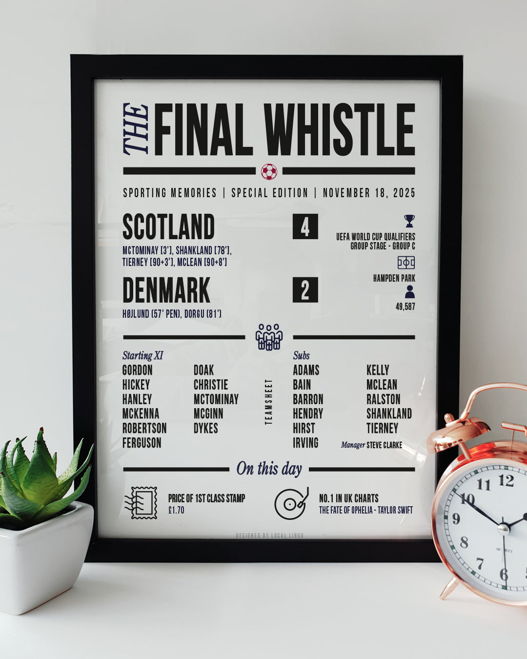 Scotland 4–2 Denmark Final Whistle match report print – World Cup Qualifiers 2025 football teamsheet poster by Local Lingo.