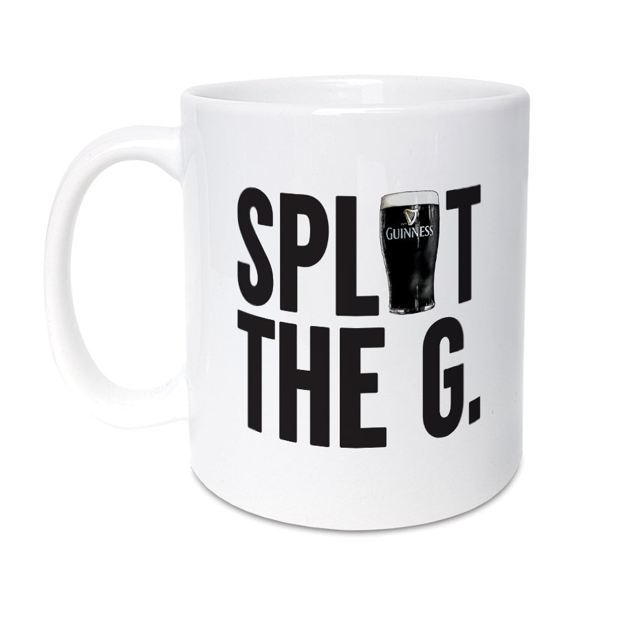 White ceramic mug with the phrase "Split the G" and an illustration of a pint of Guinness designed by local lingo