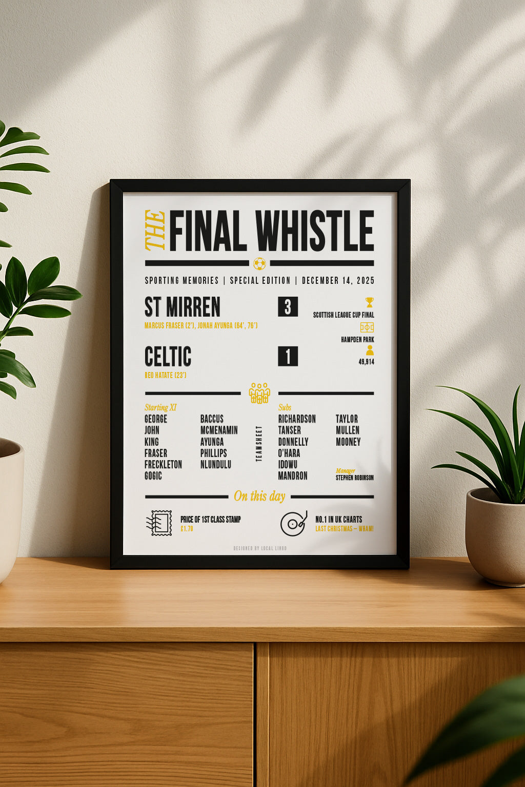 st mirren football club vs celtic scottish cup final scoresheet print, football fan keepsake in a frame, desined by local lingo