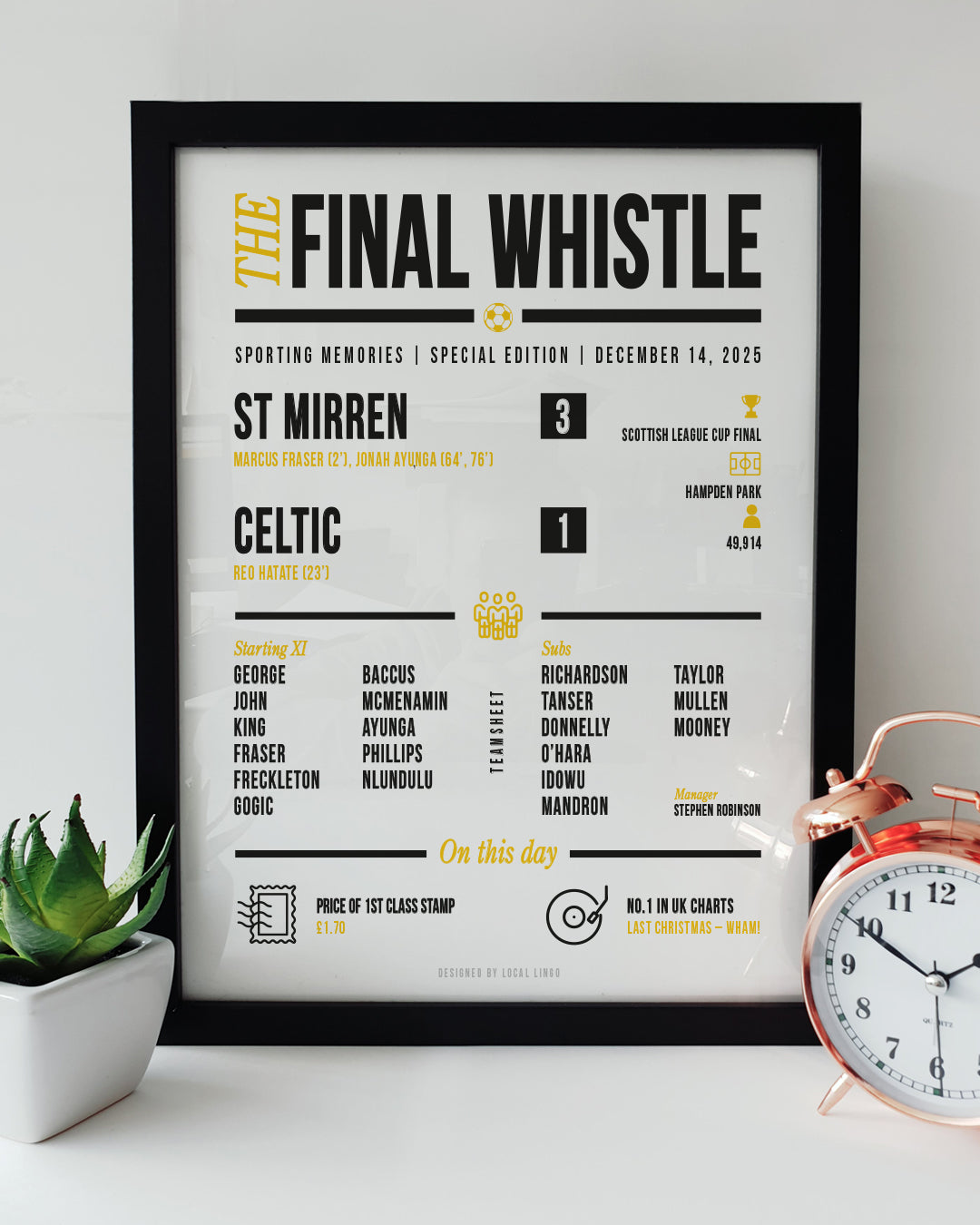 St Mirren 3–1 Celtic Scottish League Cup Final 2025 match report print by Local Lingo featuring teamsheet, score and Hampden Park details