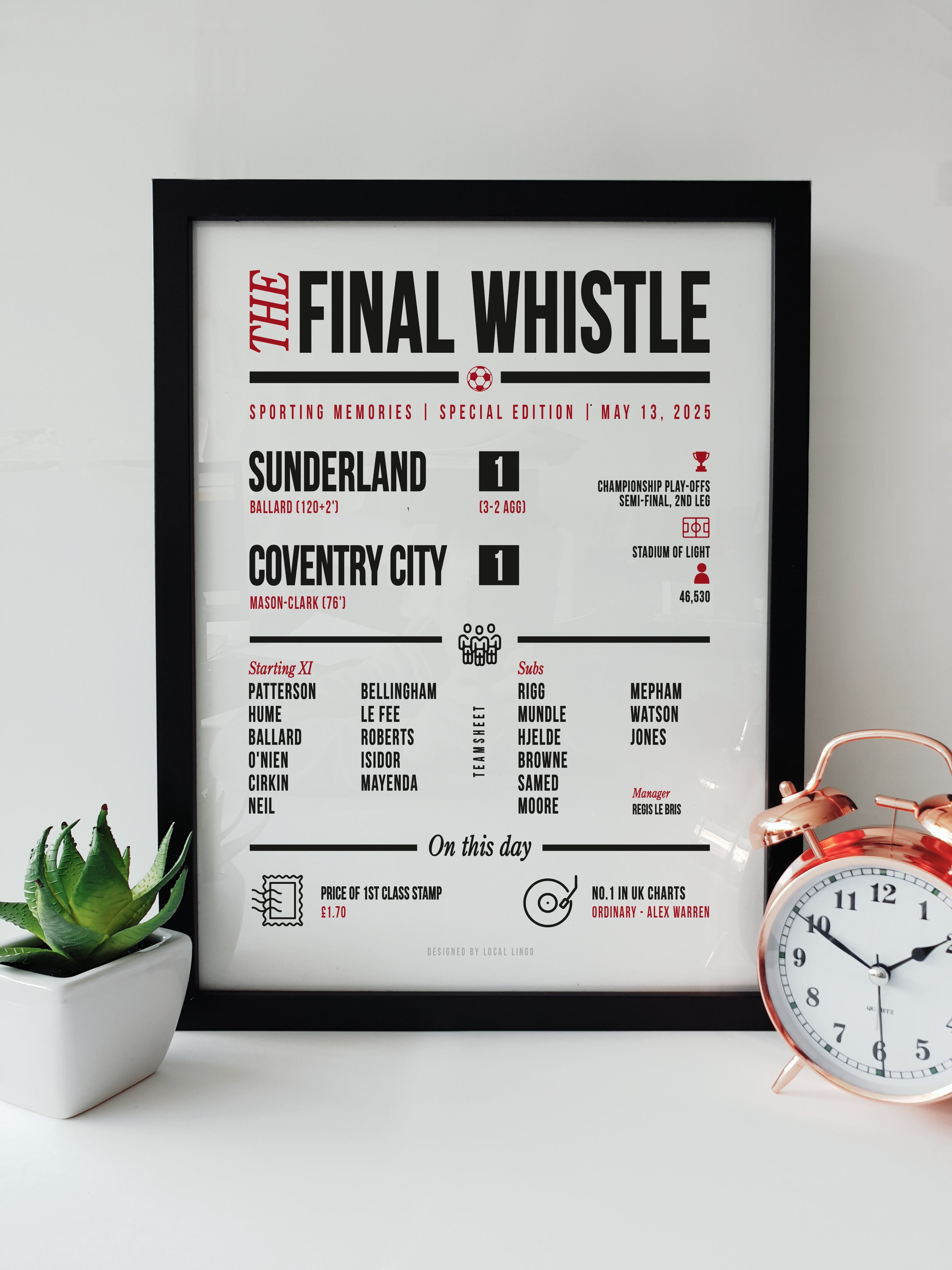Framed Local Lingo football print showing Sunderland vs Coventry Championship Play-Off Semi-Final match details, featuring Ballard’s 120+2’ goal and full teamsheet.