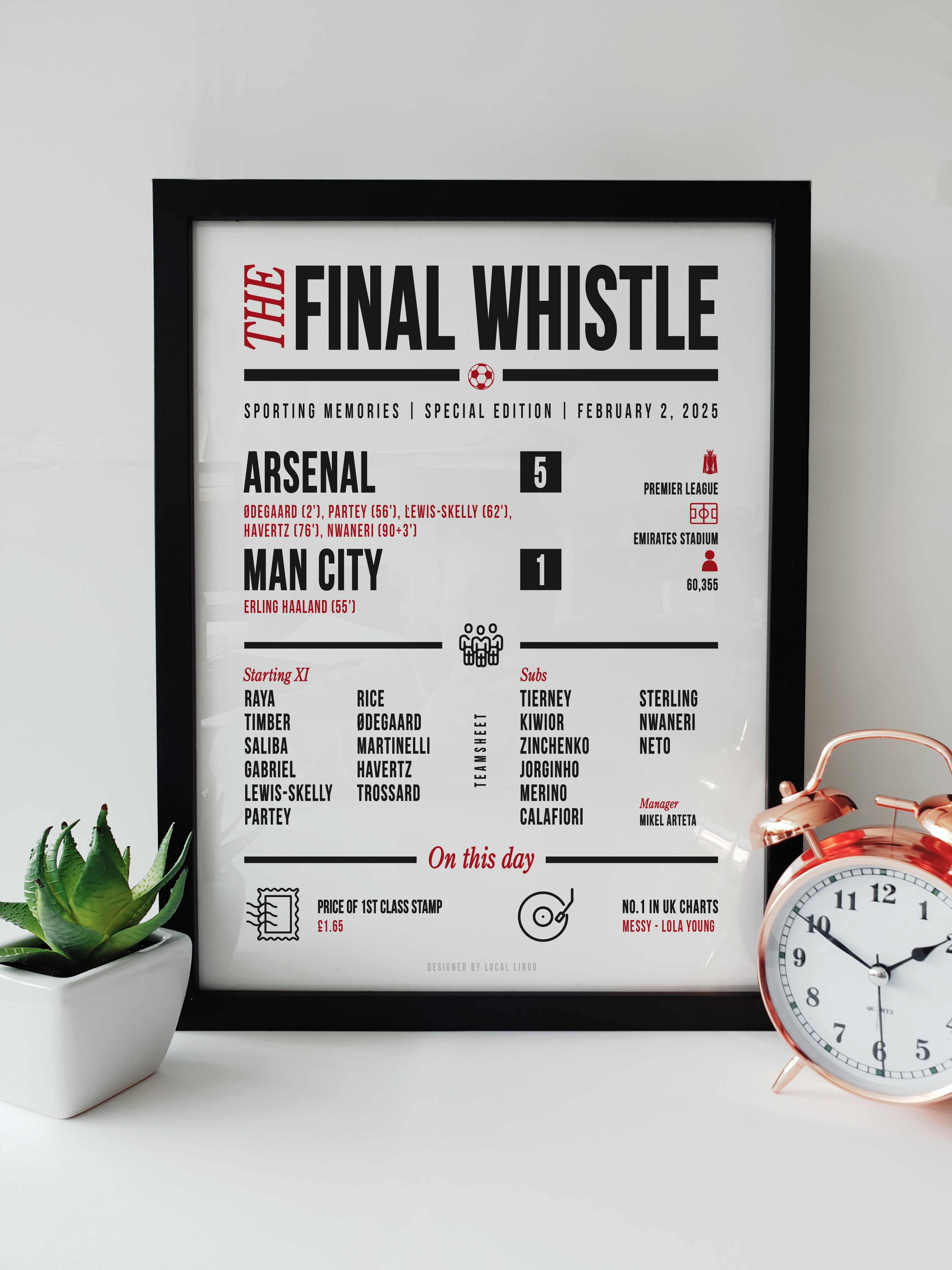 The Final Whistle Arsenal 5-1 Manchester City match report print by Local Lingo, featuring line-ups, goal scorers, and match highlights from the Premier League clash.