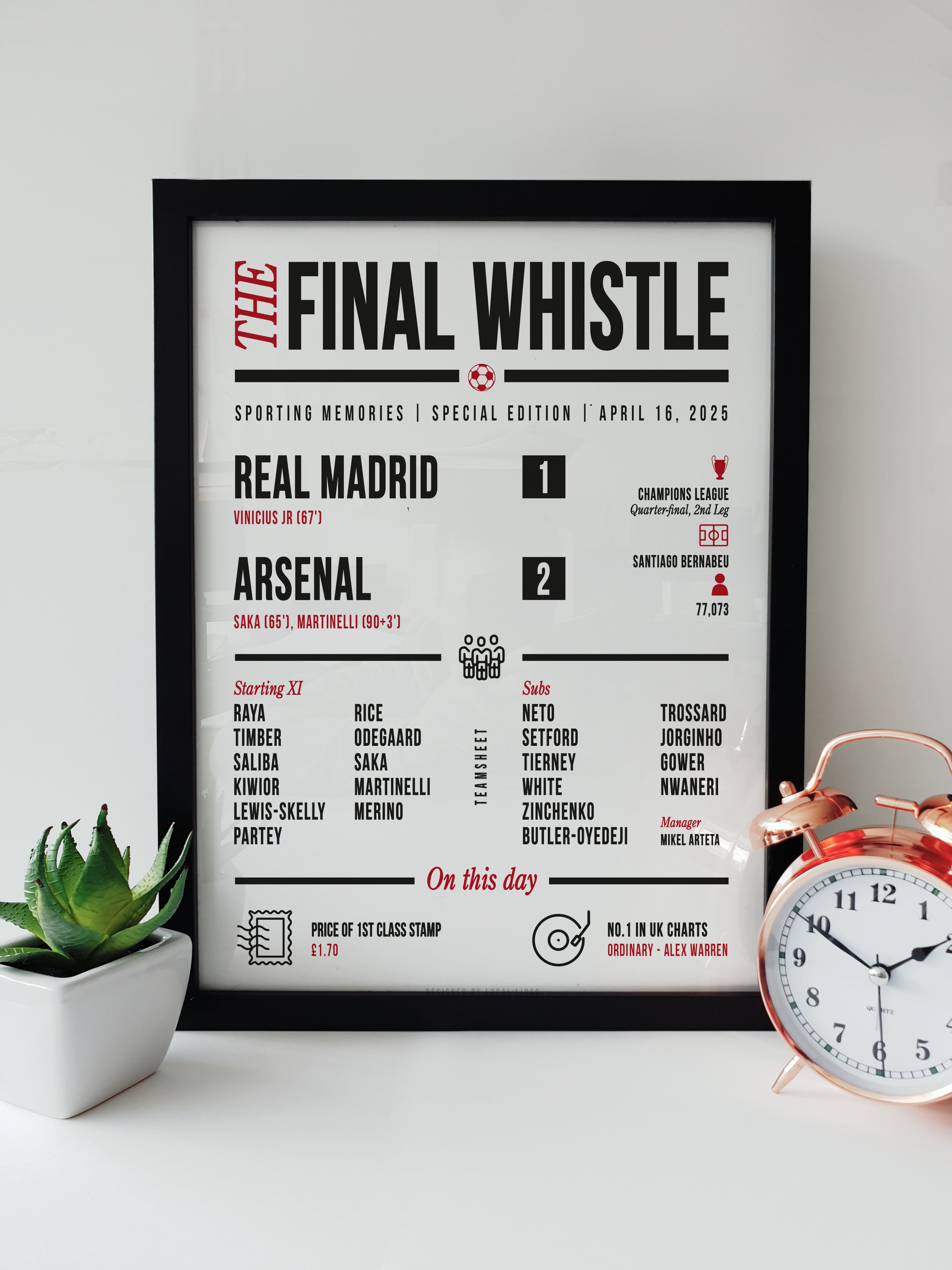 Framed match report print showing Arsenal’s 2-1 win over Real Madrid in the Champions League quarter-final on April 16, 2025, designed by Local Lingo.