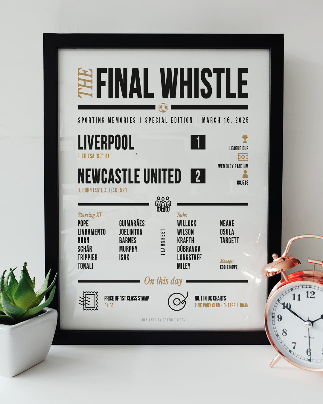 Local Lingo Newcastle United football print celebrating Carabao Cup Final win over Liverpool in March 2025 at Wembley Stadium.