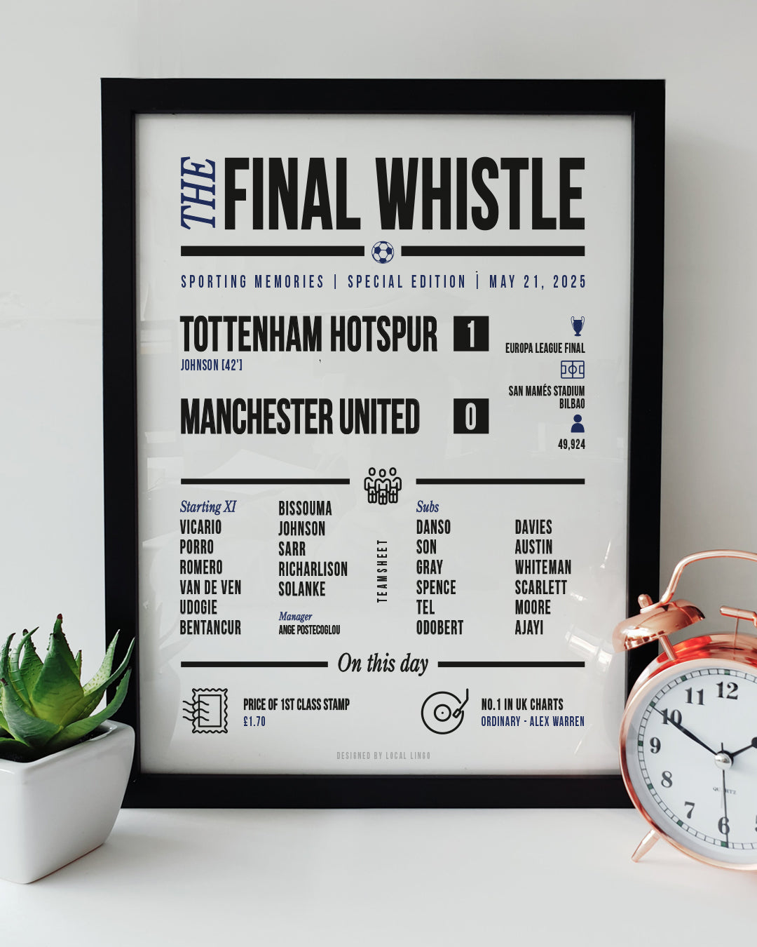 Framed Local Lingo Final Whistle print showing Tottenham 1–0 Manchester United in the 2025 Europa League Final, including team lineups, goal scorer, and matchday details.