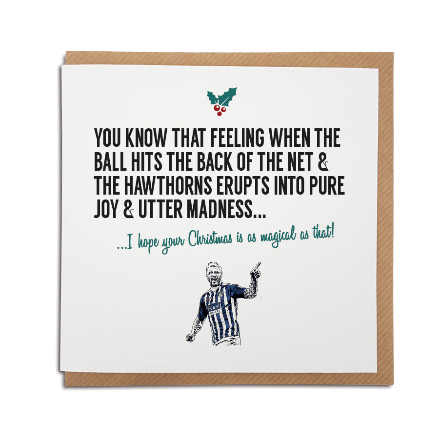 A handmade West Bromwich (West Brom) Albion Football Club Christmas Card. A unique card, perfect for any baggies supporters. Card reads: You know that feeling when the ball hits the back of the net & the Hawthorns erupts into pure joy & utter madness... I hope your Christmas is as magical as that!