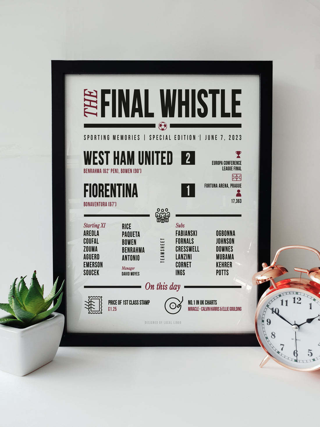 Framed Local Lingo print celebrating West Ham United’s 2-1 win over Fiorentina in the Europa Conference League Final 2023, with teamsheet and match details.