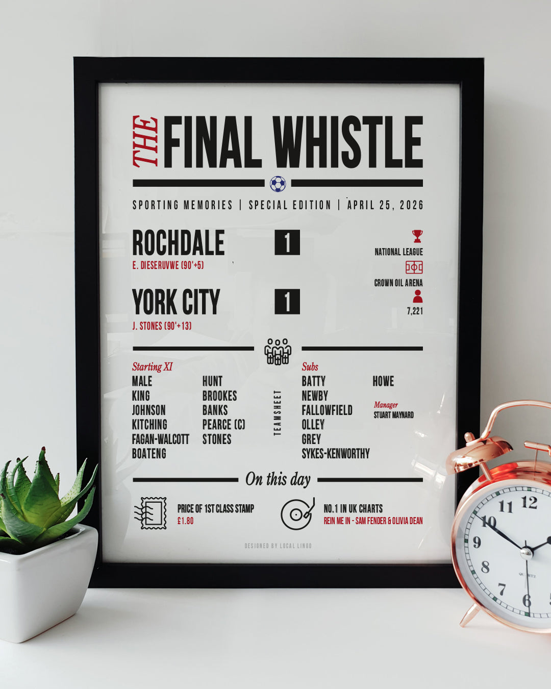 Framed "The Final Whistle" stats print celebrating York City's historic 103rd-minute title-winning draw against Rochdale on April 25, 2026. Features the 1-1 scoreline, goalscorers Dieseruvwe (90'+5) and J. Stones (90'+13), manager Stuart Maynard, full starting XI, attendance of 7,221, and match trivia in black and red text. Football match report art displayed next to a small green succulent plant and a copper alarm clock, designed by Local Lingo.