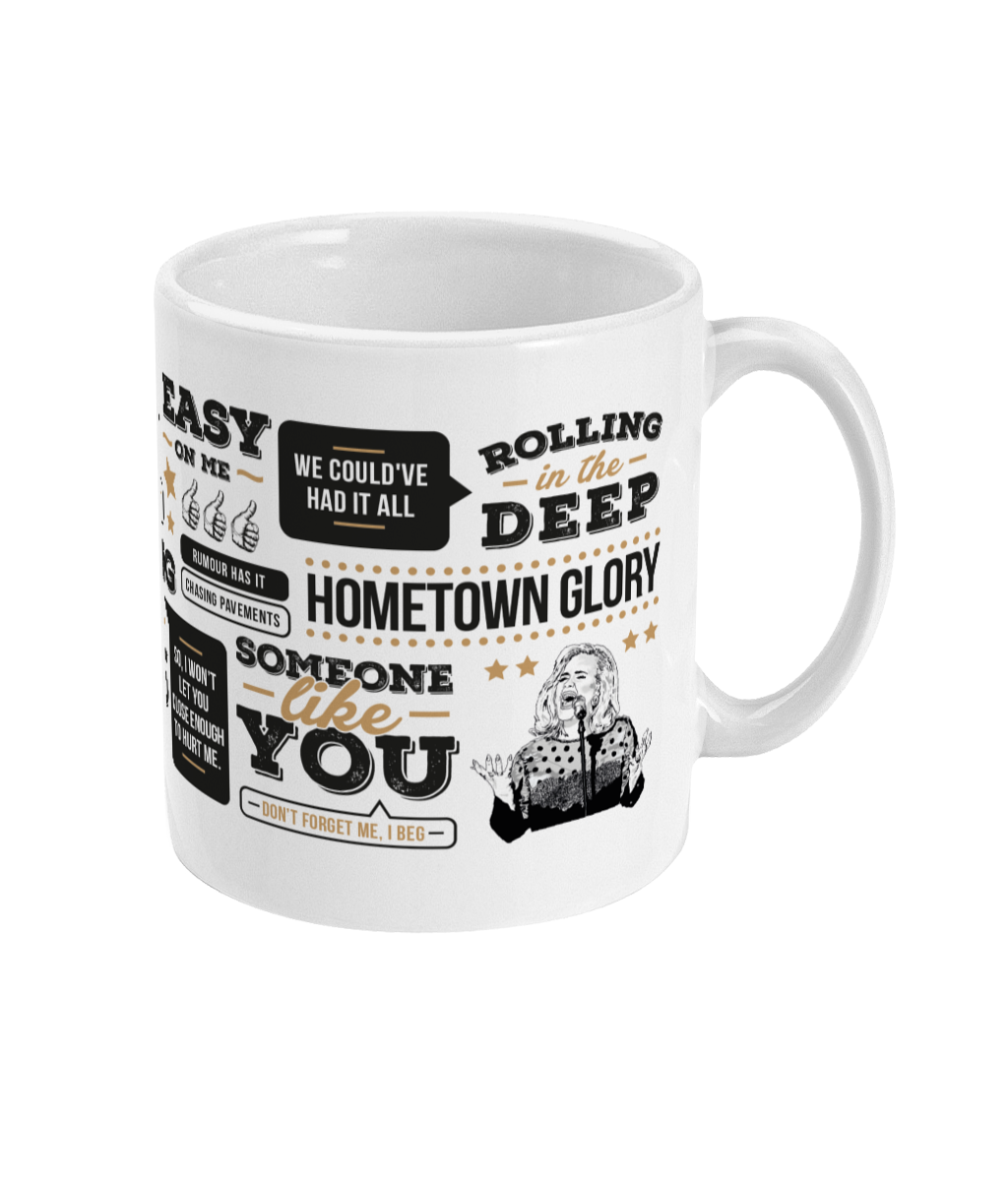 A unique mug perfect for Adele fans.  Features illustration of Adele and includes the names of some of her most popular lines from her most loved songs from over the years,  including 'rolling in the deep', 'someone like you' and 'easy on me'. 