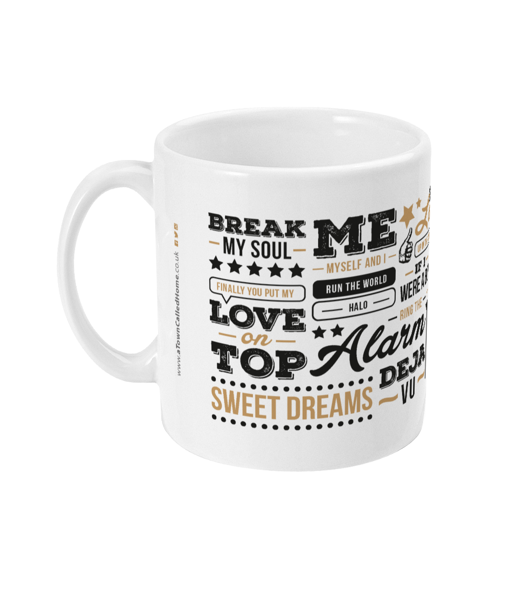 High Quality 11oz mug, celebrating musician Beyonce.  Designed & made in the UK.  A unique mug perfect for Beyonce fans.  Features illustration of 'Queen B' and includes the names of some of her most popular lines from her most loved songs from over the years,  including 'Single ladies', 'crazy in love', 'If I were a boy' and 'XO'. 