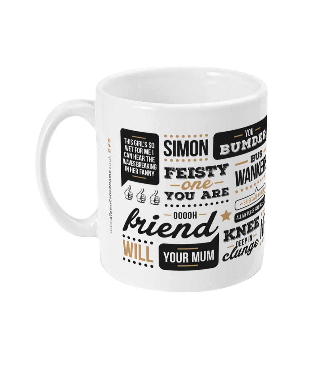 Channel 4 tv show presents & gifts, hilarious the inbetweeners themed coffee cup mug with the funniest quotes and one liners from main characters jay, will, simon & neil. Classics such as bus wankers, clunge mobile, completed it mate, you bummed