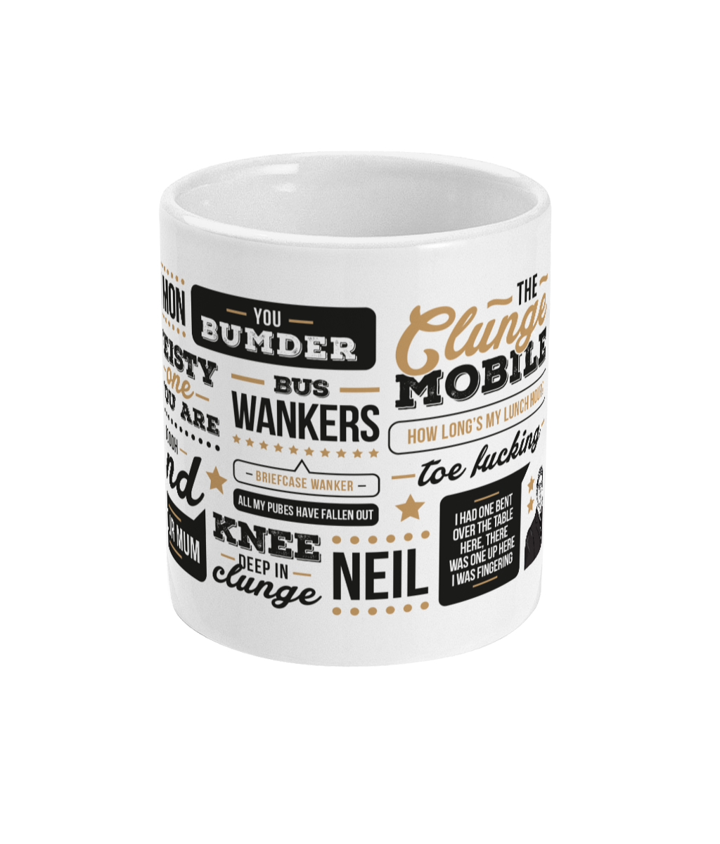 Channel 4 tv show presents & gifts, hilarious the inbetweeners themed coffee cup mug with the funniest quotes and one liners from main characters jay, will, simon & neil. Classics such as bus wankers, clunge mobile, completed it mate, you bumder, ooo friend