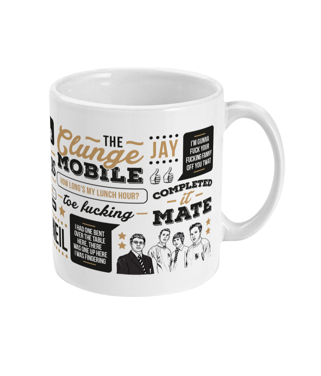 hilarious the inbetweeners themed coffee cup mug with the funniest quotes and one liners from main characters jay, will, simon & neil. Classics such as bus wankers, clunge mobile, completed it mate