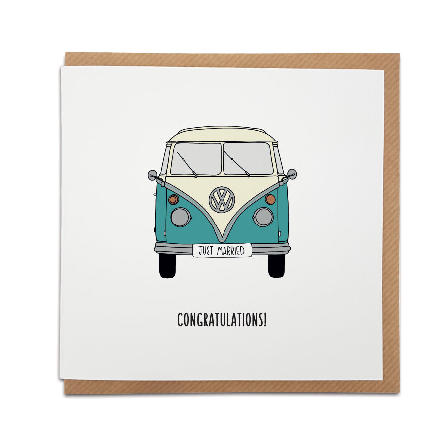 A handmade wedding card featuring an image of a VW Campervan with 'JUST MARRIED' registration plate.  Perfect card to congratulate a friend or loved one on their wedding.  Card reads: Just Married. Congratulations! 