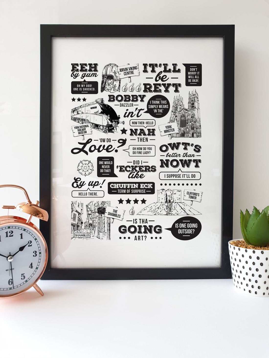 High quality hand drawn illustrated print  Yorkshire born and bred? Want a little reminder of 'home'? We've designed this unique print to translate some popular Yorkshire phrases, Includes illustrations of popular Yorkshire landmarks.