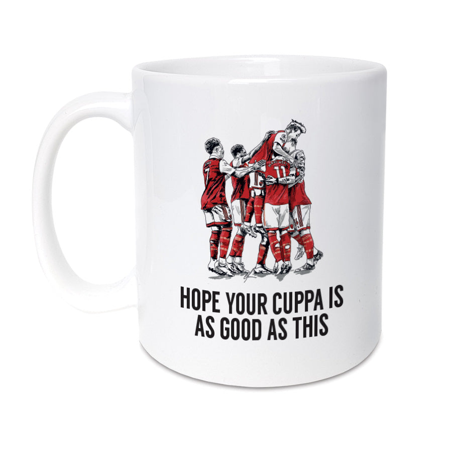High Quality 11oz mug designed & made in the UK.  Every Gunners supporter wants to relive amazing celebrations like this... help them do it with our mug.  Mug Reads:  I hope your cuppa is as good as this (Featuring an illustration of the Arsenal players, including Martin Odegaard & Bukayo Saka celebrating).