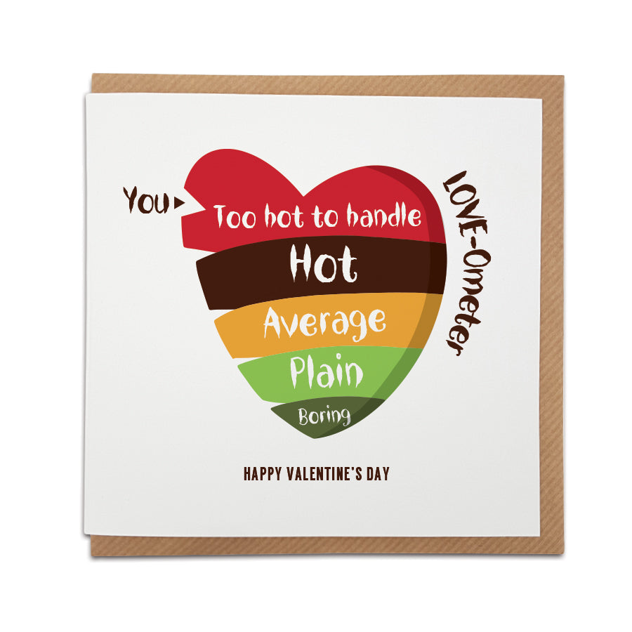 a valentines card based on the Nandos spice levell. Love-ometer. Levels are, boring, plain, average, hot & too hot to handle with an arrow pointing at the last option. 