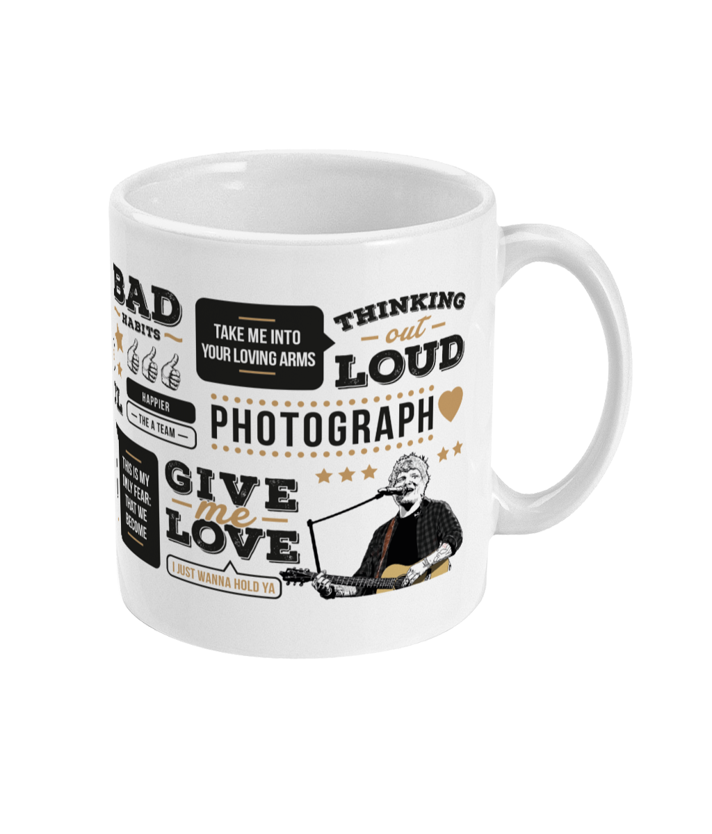 Mug featuring illustration of Ed Sheeran and includes the names of some of his most popular lines from his most loved songs from over the years,