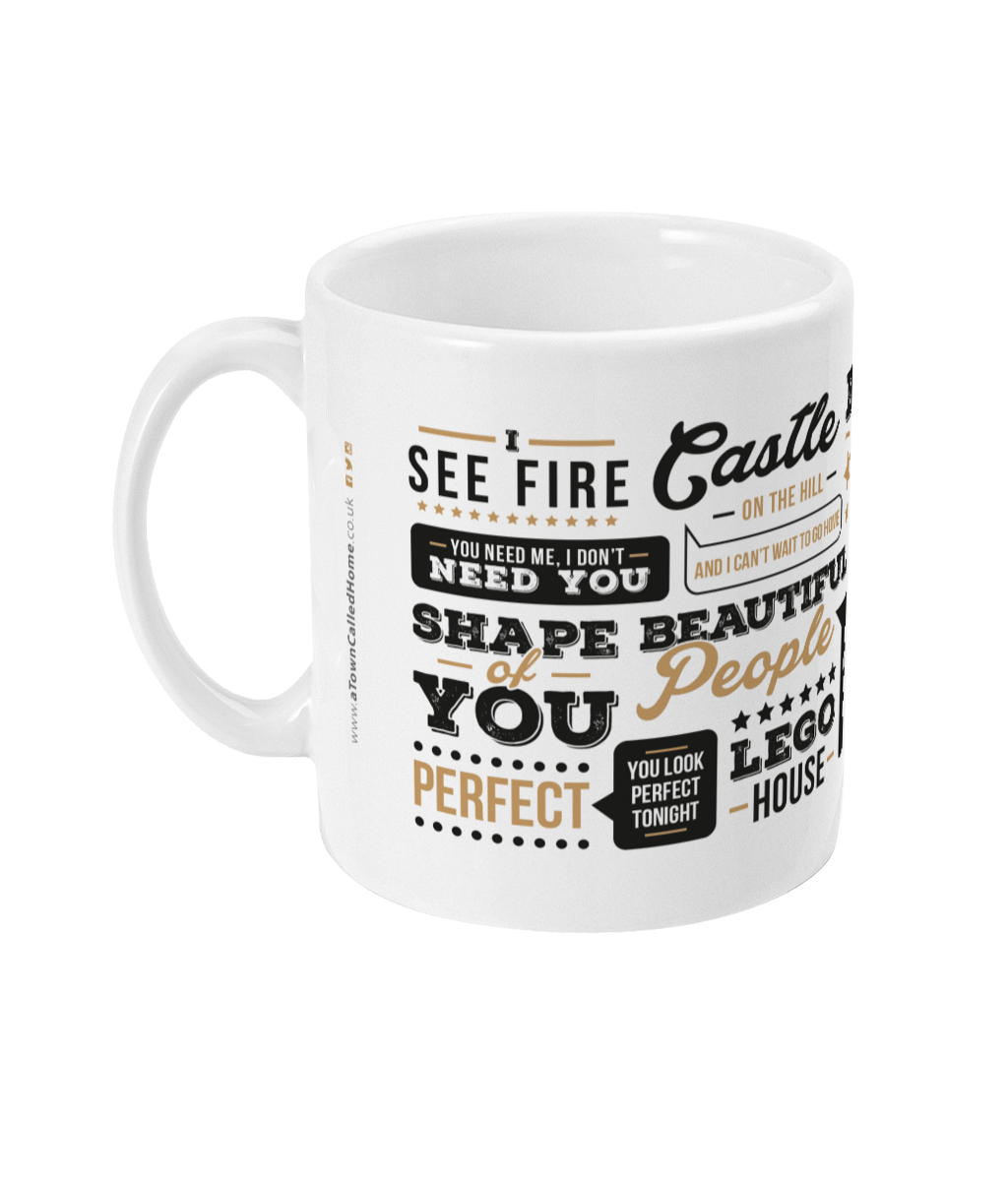 A unique mug perfect for Ed Sheeran fans.  Features illustration of Ed Sheeran and includes the names of some of his most popular lines from his most loved songs from over the years,  including 'bad habits', 'shape of you' and 'perfect'. 