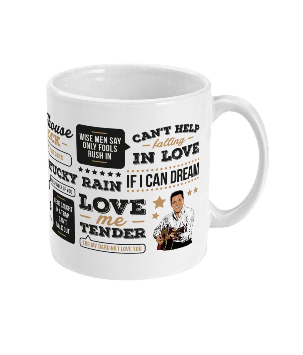 Mug featuring illustration of Elvis of 'The King' and includes the names of some of the most popular lines from his most loved songs from over the years,  including 'suspicious minds', 'love me tender' and 'jailhouse rock'. 