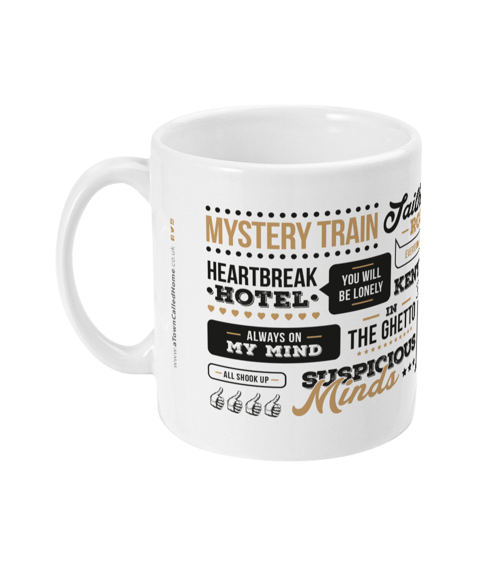 A unique mug perfect for Elvis fans.  Features illustration of 'The King' and includes the names of some of the most popular lines from his most loved songs from over the years,  including 'suspicious minds', 'love me tender' and 'jailhouse rock'. 