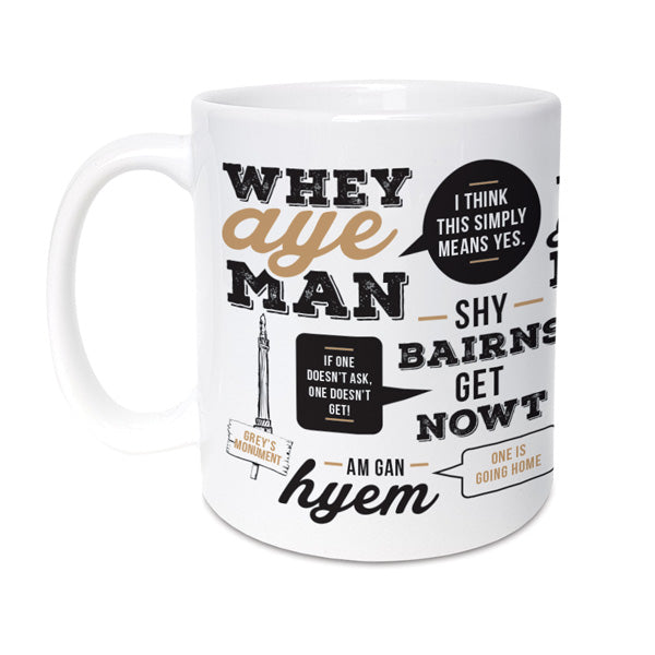 newcastle and geordie phrases translated into funny queens english and displayed on a mug making the perfect present for any geordie 
