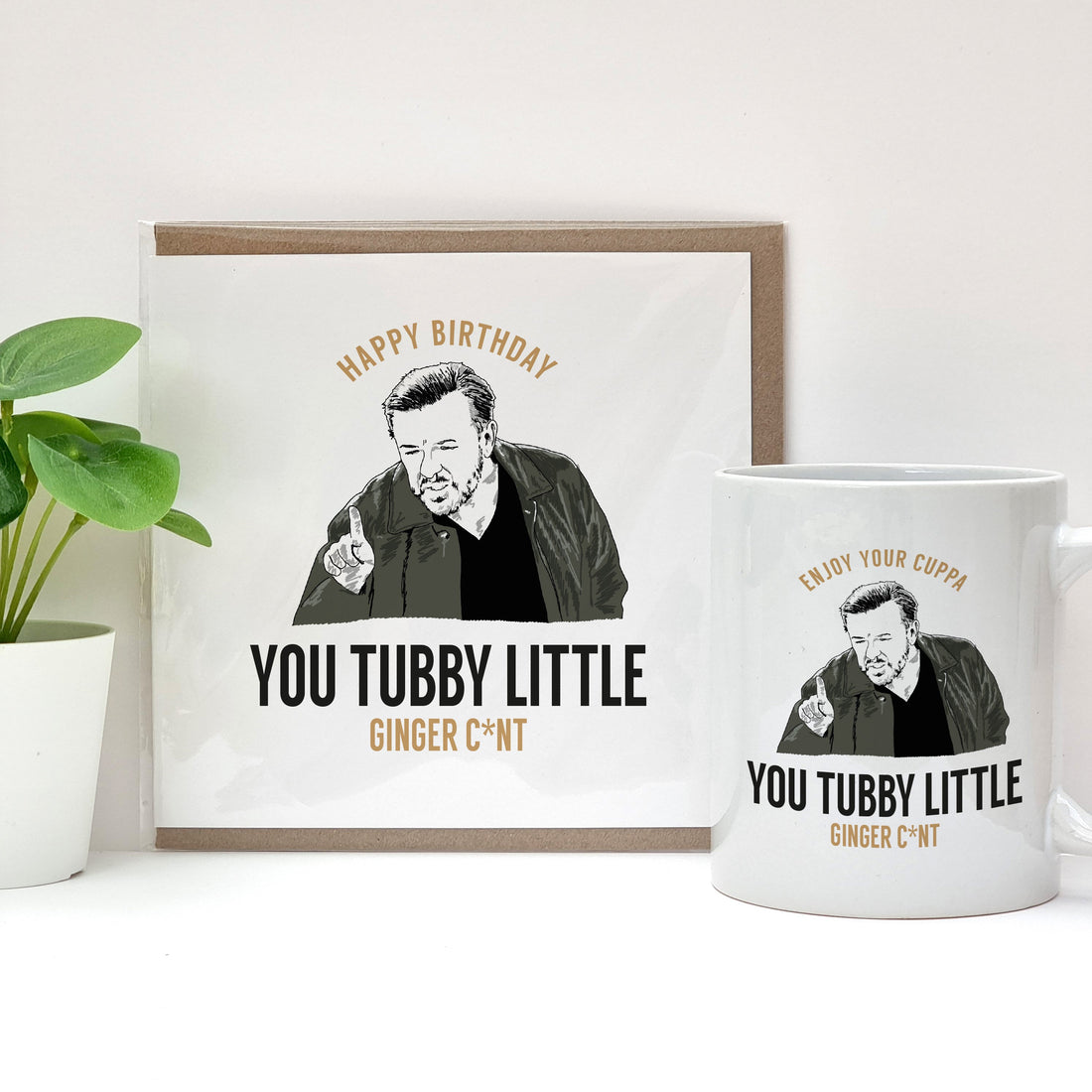 funny birthday card and coffee cup merchandise based on the tv show after life featuring illustrations of the creator and actor ricky gervais. Based on the scene where tony calls a schooy a tubby little ginger cunt