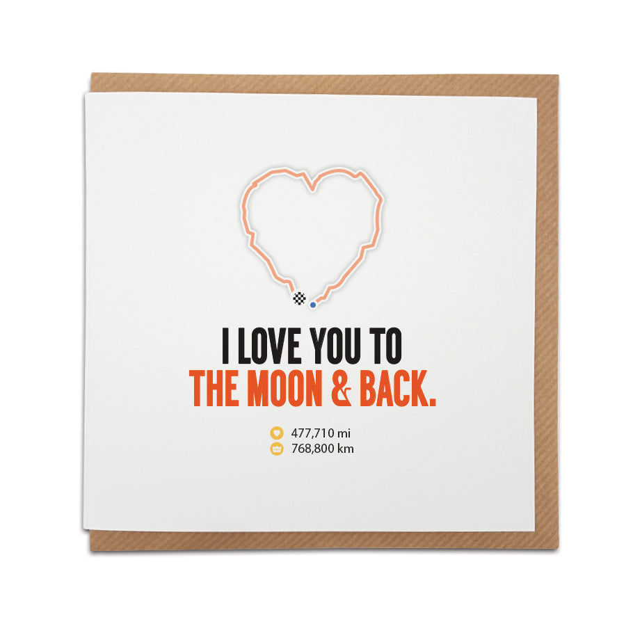 A unique Strava running themed handmade greeting card, designed & printed on high quality card stock.Perfect for avid runners.   Card reads: I love you to the moon & back. (then shows distance) 477,710 mi 768,800 km