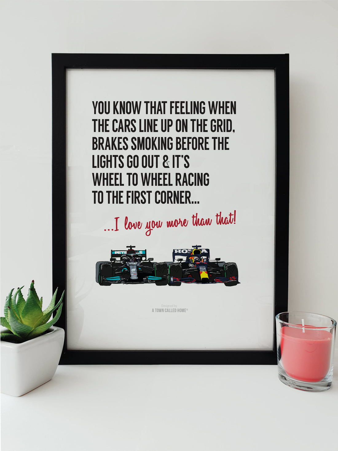  formula 1 max verstappen and lewis hamilton themed poster, print, wall art & illustration. Perfect gift for a racing sports car fan. Designed by a town called home