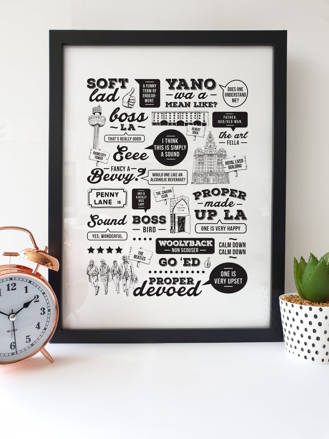 High quality hand drawn illustrated print  Featuring the most popular Scouse sayings, phrases & hand drawn Liverpool landmarks. Translated into hilarious Queens English helping everyone understand the famous Liverpool accent, words & dialect.