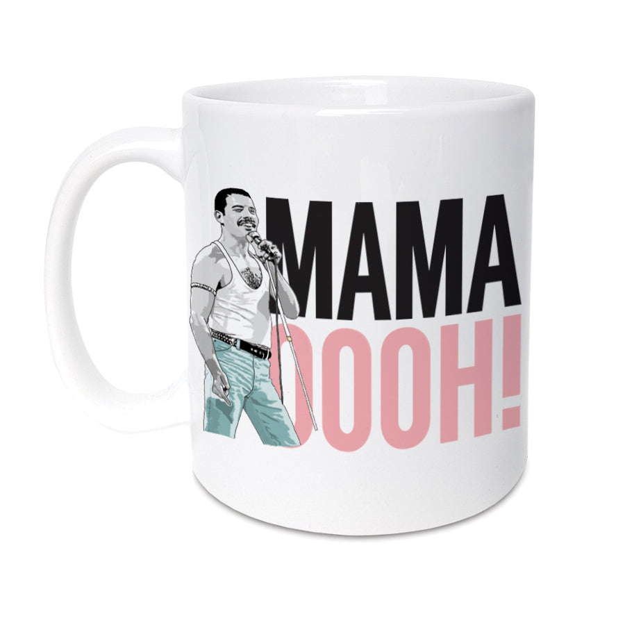 freddie mercury mama oooh funny mothers day mum coffee tea mug sentimental gifts. Illustration of the band queen merchandise.