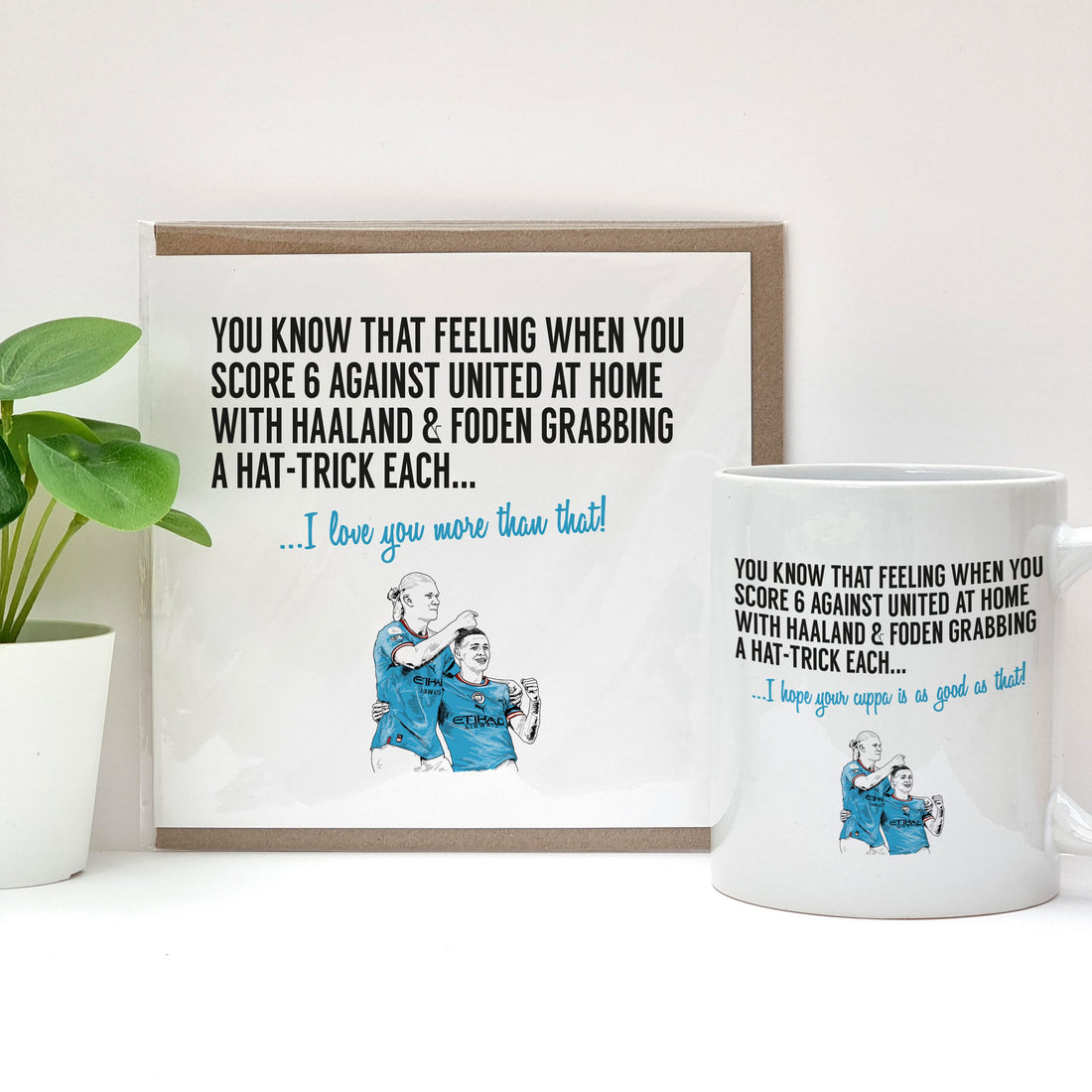 Manchester city fan card and mug gift set celebrating the win  against Man Utd with Haaland and Foden scoring hat-tricks. DESIGNED BY LOCAL LINGO