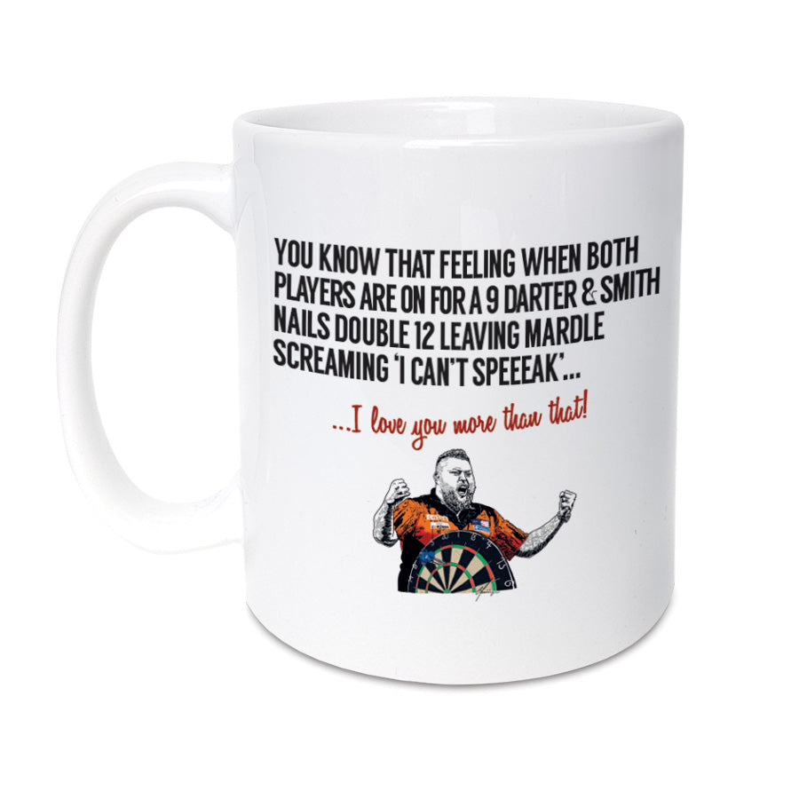 A unique Darts themed 11 oz Mug / coffee cup to celebrate Michael Smith's historic 9 dart finisher at the World Darts Championship final against Gerwan.