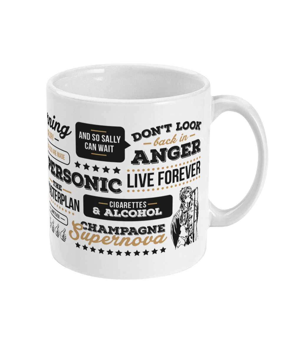 A unique mug perfect for Oasis fans.  Features illustrations of Liam and Noel Gallagher  and includes the some of her most popular memories from their most loved songs from over the years, 