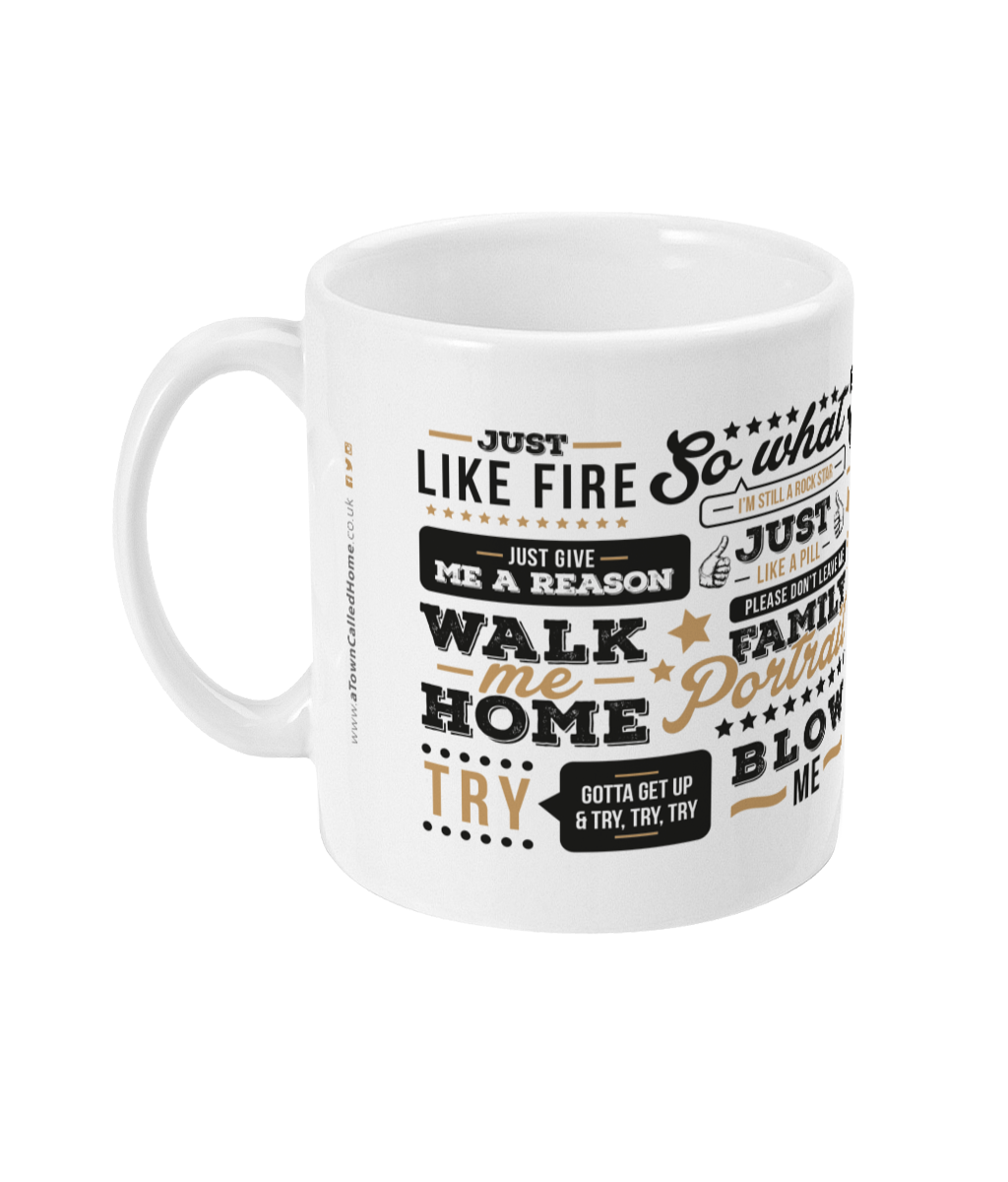 A unique mug perfect for Pink fans.  Features illustration of P!NK and includes the names of some of the most popular lines from her most loved songs from over the years,  including 'raise your glass', 'get the party started' family portrait' and 'so what'. 