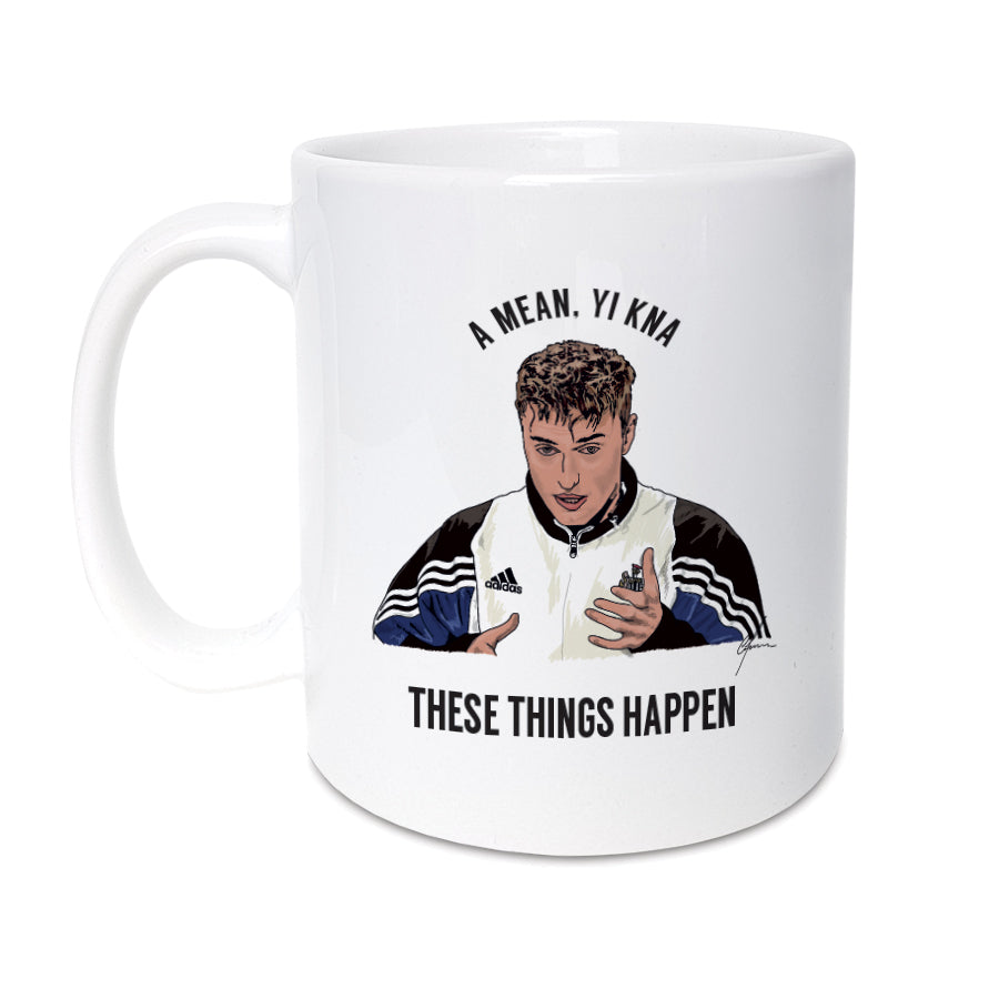 A unique mug featuring  Sam Fender, Perfect for fans of the Geordie musician. Whether it's for a birthday, Christmas or any other special occasion.    Mug reads: (Hand drawn illustration of Sam Fender) - A mean, yi kna... These things happen.  Quoted from his live TV interview where he appeared hungover the morning after celebrating Newcastle United's takeover.