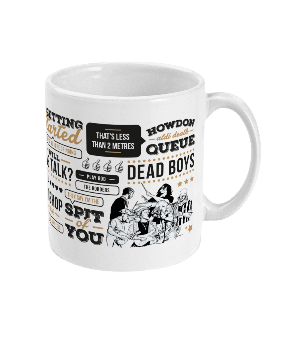 A unique mug perfect for Sam Fender fans.  Features illustration of Sam and his band and includes the names of some memorable lines from his most loved songs including 'Seventeen going under'' 'spit of you'  and 'getting started'. 