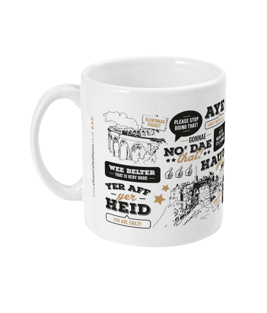 High Quality 11oz mug designed & made in the UK.  Scotland born and bred? Want a little reminder of 'home'? We've designed this unique mug to translate some popular Scottish phrases -  Includes illustrations of popular Scottish landmarks.